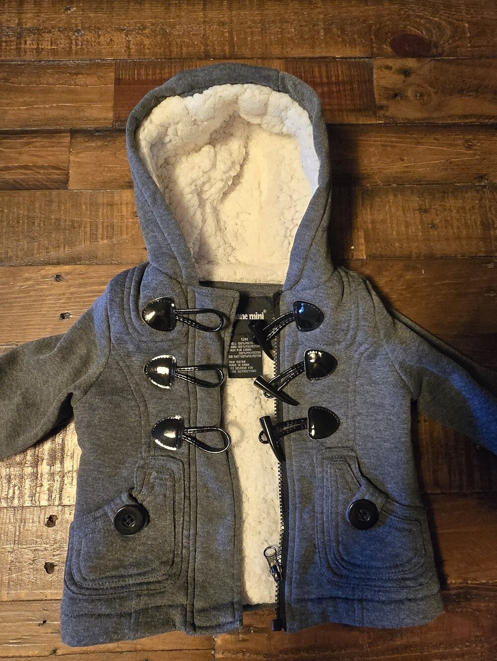Toddler Gray Hooded Toggle Coat with Sherpa Lining
